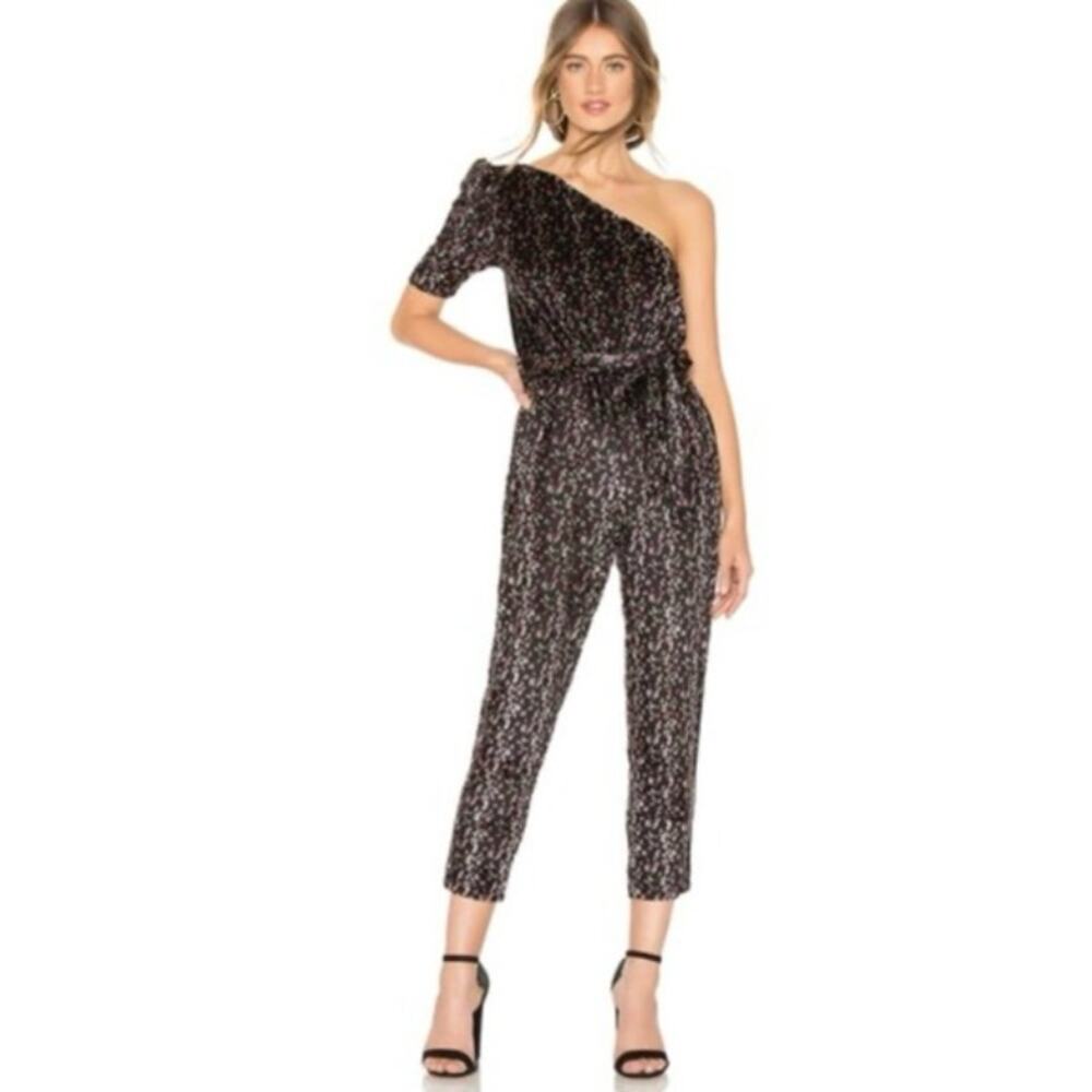 Tularosa black velvet floral one shoulder jumpsuit